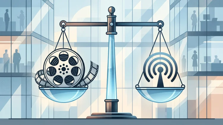 Conceptual art of legal scales balancing film and news icons