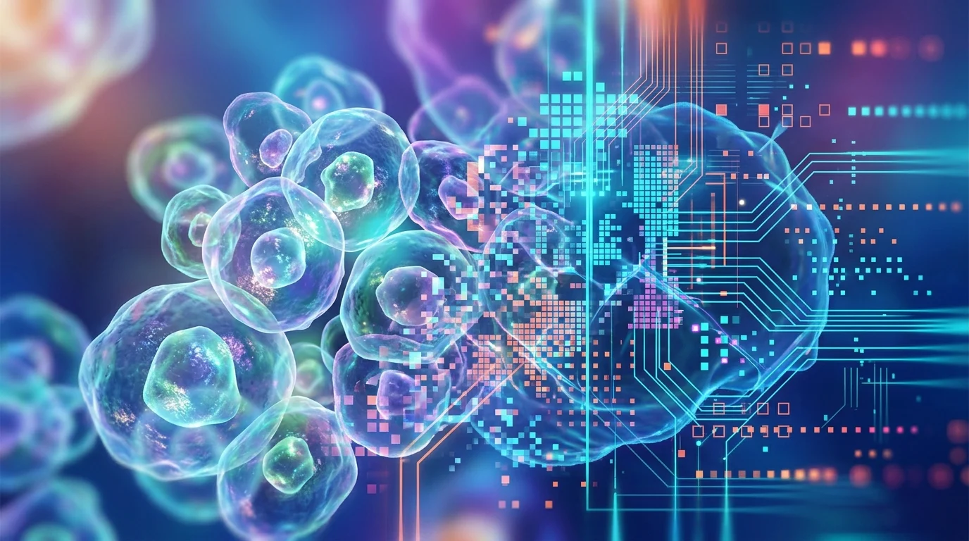 Abstract organic and digital cells representing the Parasyte universe.