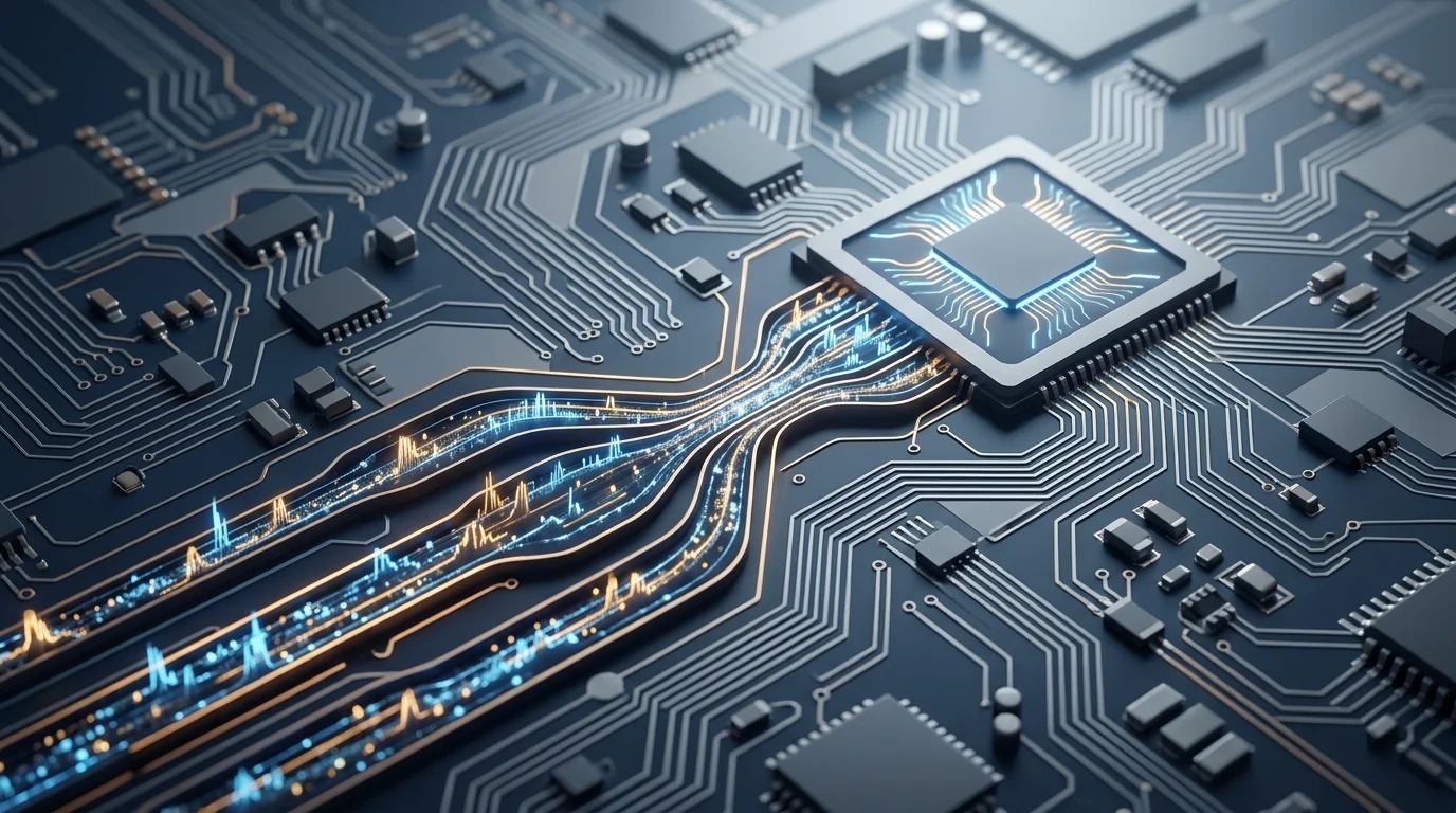 Conceptual visualization of narrow data paths on a circuit board representing bandwidth limits.