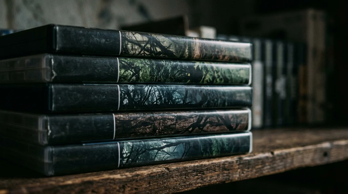 A stack of physical video game cases on a shelf.