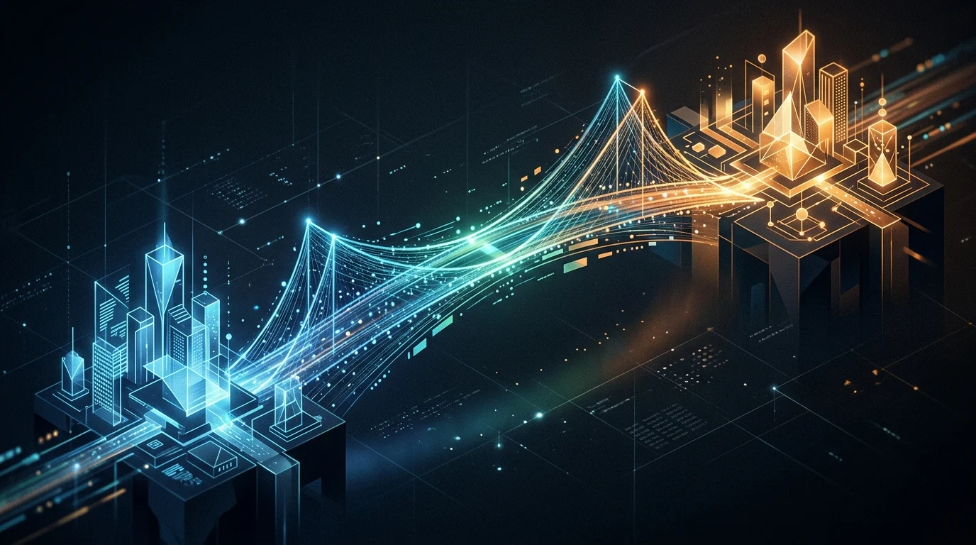 An abstract digital bridge connecting two different structural hubs in a dark digital space.