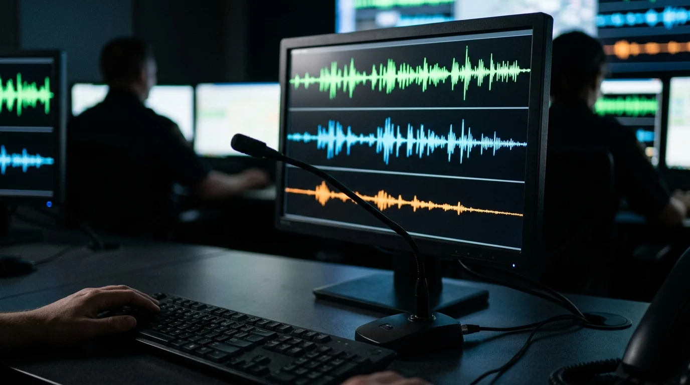 A close-up of a professional radio dispatcher console and monitor showing audio levels.