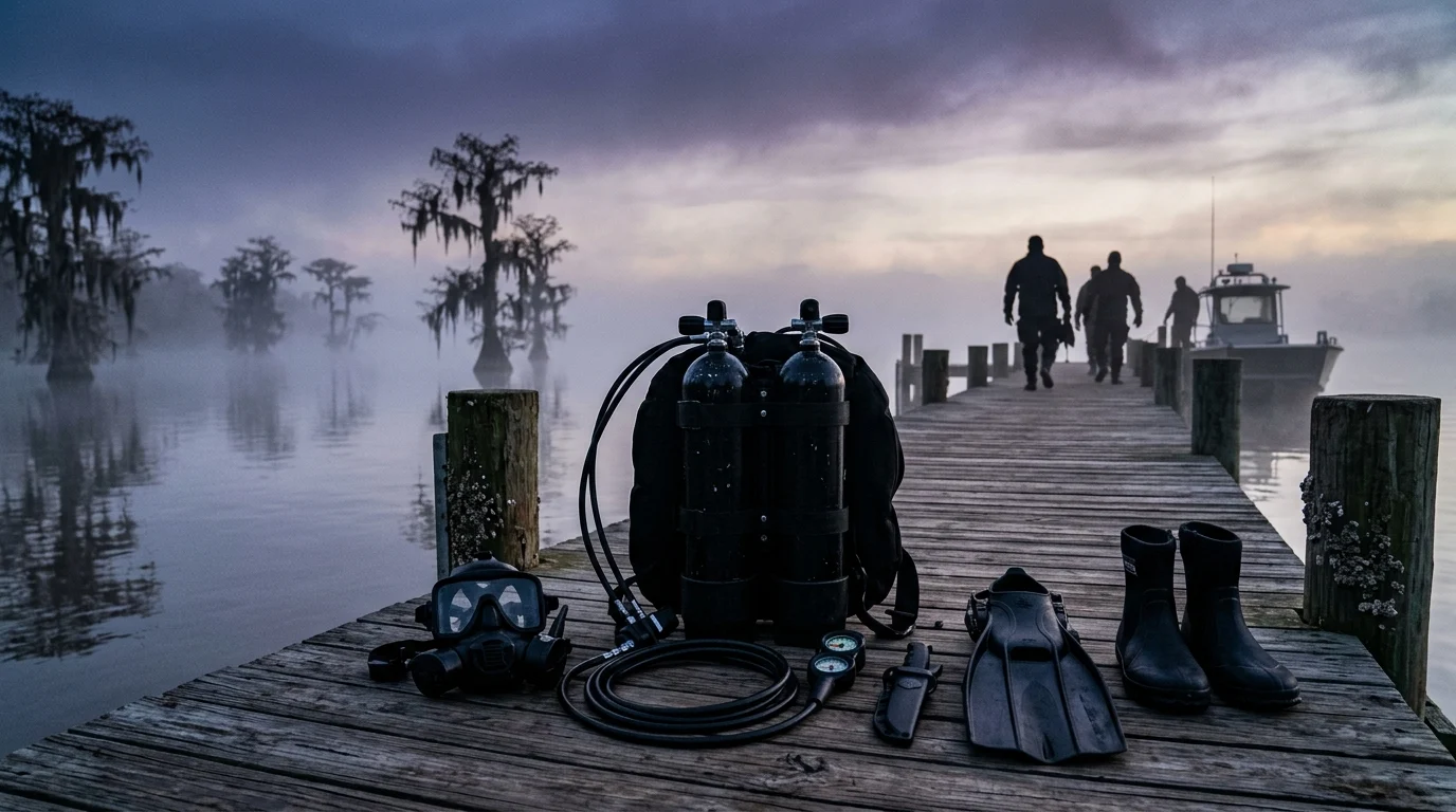 Police diving equipment resting on a dock near a misty marsh environment.