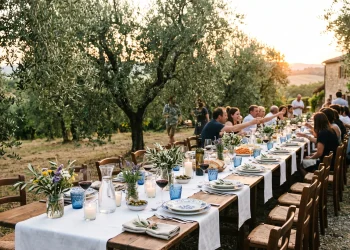 A long outdoor dining table set for a large Mediterranean family gathering.