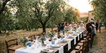 A long outdoor dining table set for a large Mediterranean family gathering.