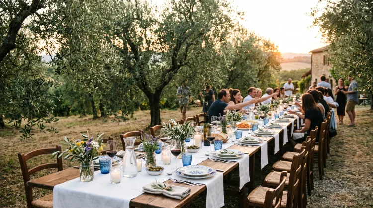 A long outdoor dining table set for a large Mediterranean family gathering.