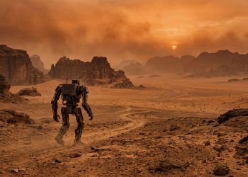 A conceptual illustration of a robot in a post-apocalyptic desert landscape.