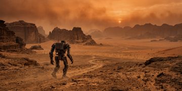 A conceptual illustration of a robot in a post-apocalyptic desert landscape.