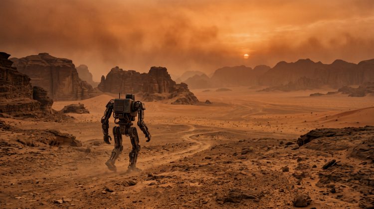 A conceptual illustration of a robot in a post-apocalyptic desert landscape.