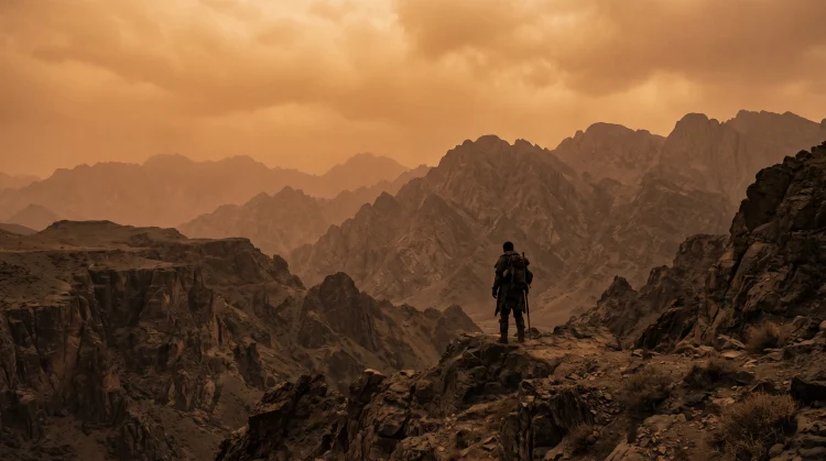 A desolate post-apocalyptic landscape under a hazy orange sky.