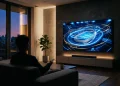 A modern television screen displaying abstract sports light graphics in a living room.