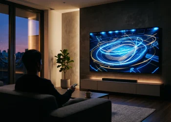 A modern television screen displaying abstract sports light graphics in a living room.