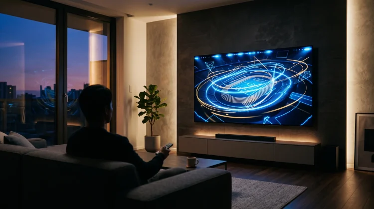 A modern television screen displaying abstract sports light graphics in a living room.
