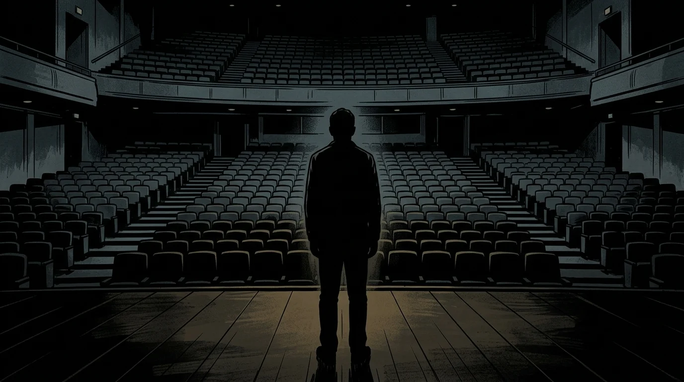 A silhouette of a person on a stage representing the isolation of fame.