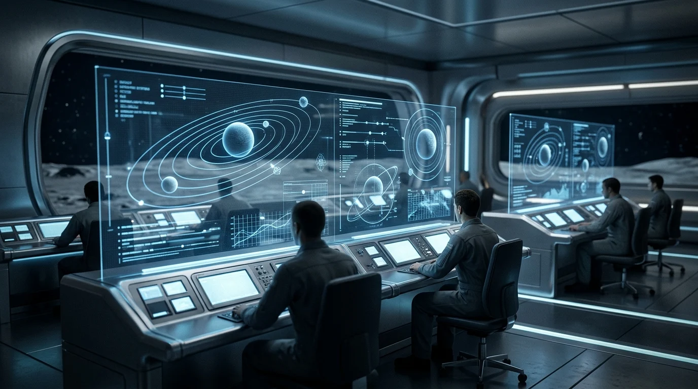 A futuristic mission control center with holographic data displays.