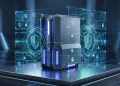 Conceptual 3D render of a gaming console behind a digital security grid.