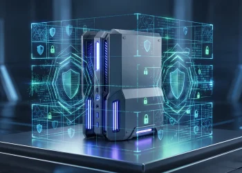 Conceptual 3D render of a gaming console behind a digital security grid.