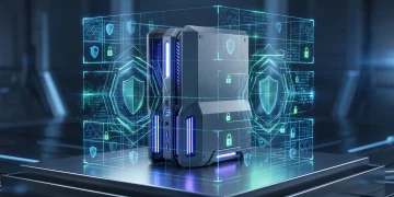 Conceptual 3D render of a gaming console behind a digital security grid.