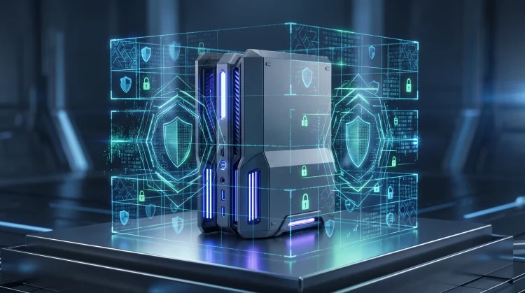 Conceptual 3D render of a gaming console behind a digital security grid.