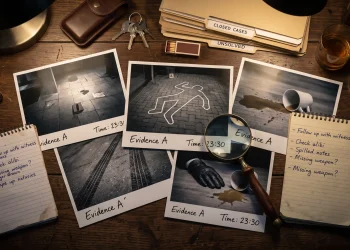 A conceptual dark office desk with investigation materials representing a psychological crime thriller.