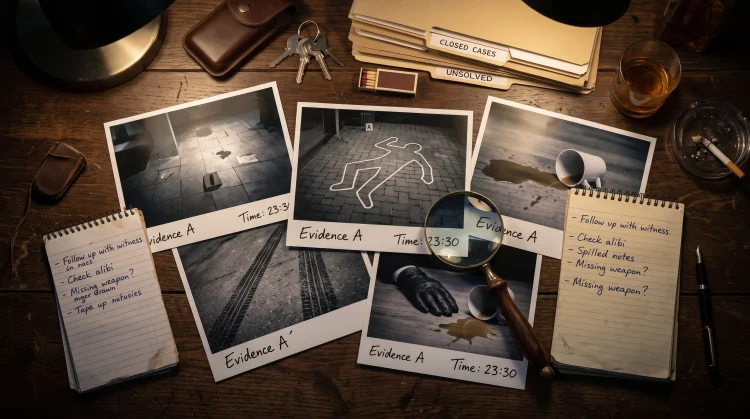 A conceptual dark office desk with investigation materials representing a psychological crime thriller.