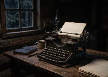 A vintage typewriter on a desk in a dark room.