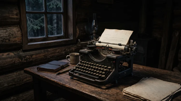 A vintage typewriter on a desk in a dark room.