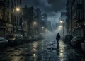 A dark, foggy city street with abandoned cars at night representing a survival horror setting.