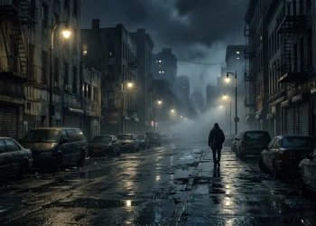 A dark, foggy city street with abandoned cars at night representing a survival horror setting.