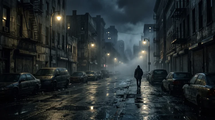 A dark, foggy city street with abandoned cars at night representing a survival horror setting.