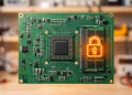 A conceptual image of a circuit board with a digital lock icon over a memory chip.