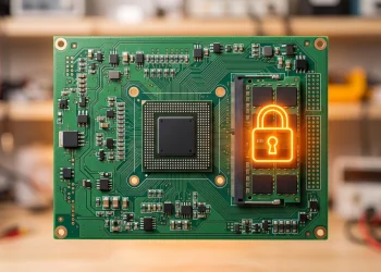 A conceptual image of a circuit board with a digital lock icon over a memory chip.