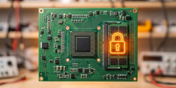 A conceptual image of a circuit board with a digital lock icon over a memory chip.