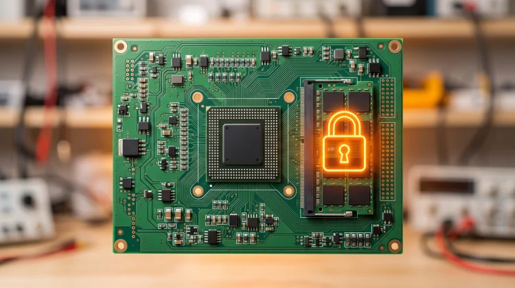 A conceptual image of a circuit board with a digital lock icon over a memory chip.