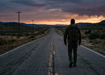 A silhouette of a tall man walking down a long highway under a twilight sky.