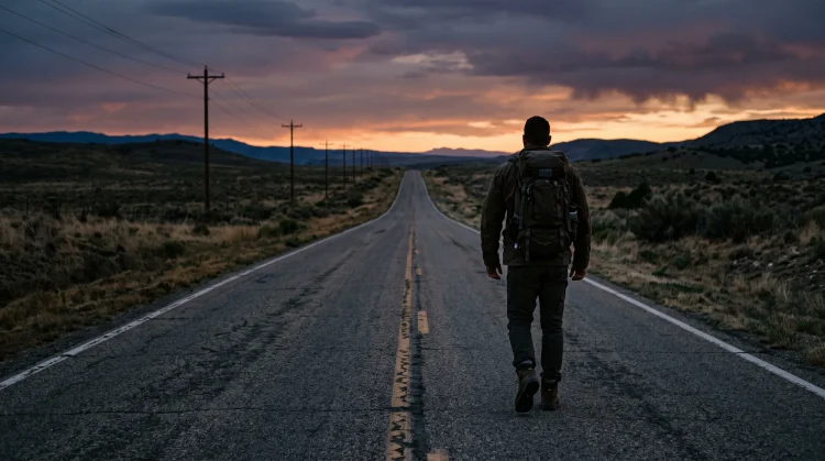 A silhouette of a tall man walking down a long highway under a twilight sky.