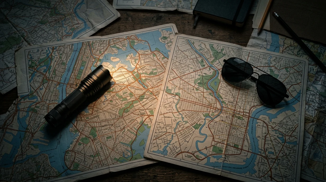 Investigation materials including maps and a flashlight on a desk.