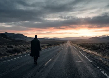 A solitary muscular figure walks down a long highway at dawn.
