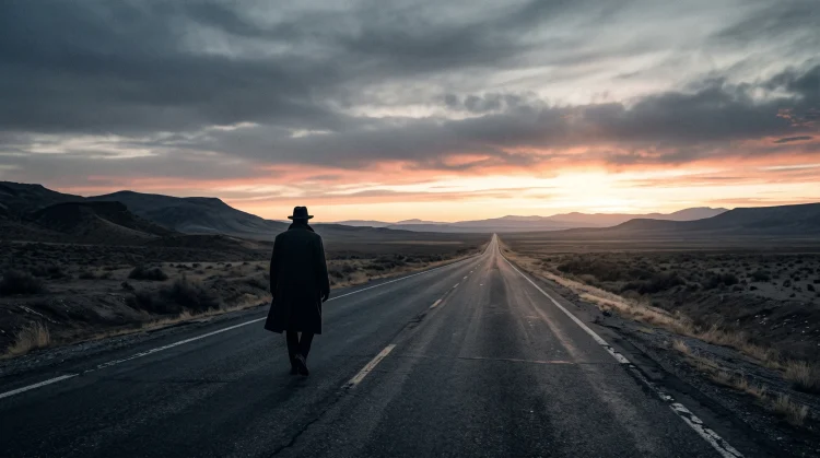 A solitary muscular figure walks down a long highway at dawn.