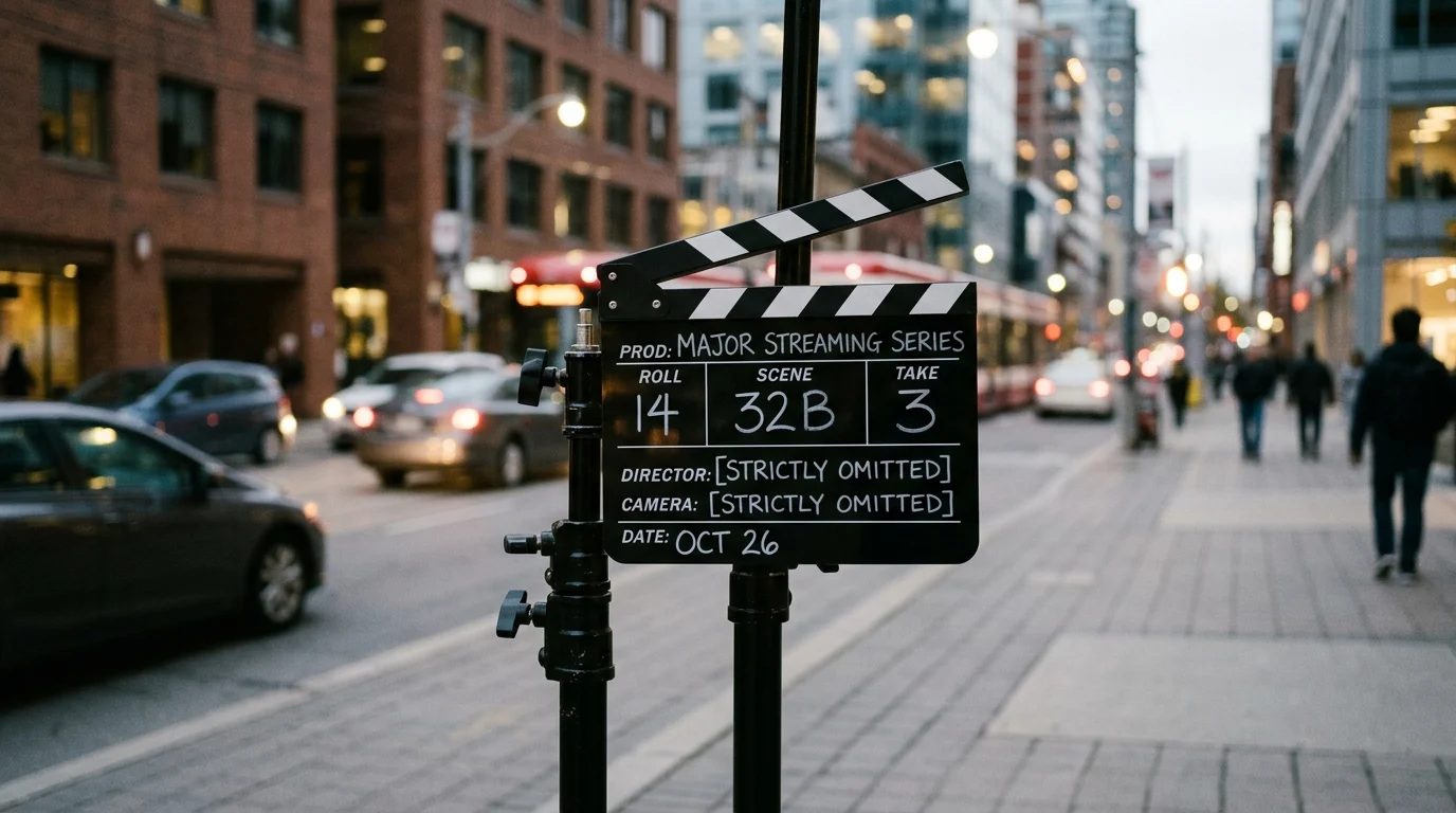 A film clapperboard on a tripod in an urban setting.