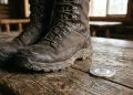 A conceptual photo of tactical boots and a military coin on a table.