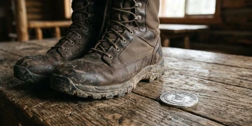 A conceptual photo of tactical boots and a military coin on a table.