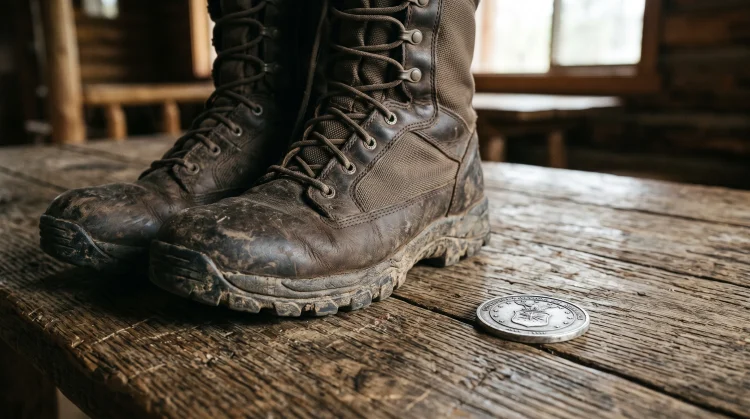 A conceptual photo of tactical boots and a military coin on a table.