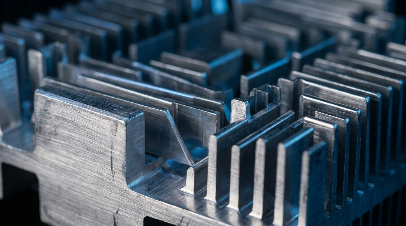 Abstract macro view of metallic heat sink fins and brushed aluminum texture.