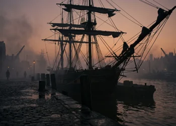 A foggy 19th-century London dockside with a tall ship in the background.