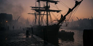 A foggy 19th-century London dockside with a tall ship in the background.