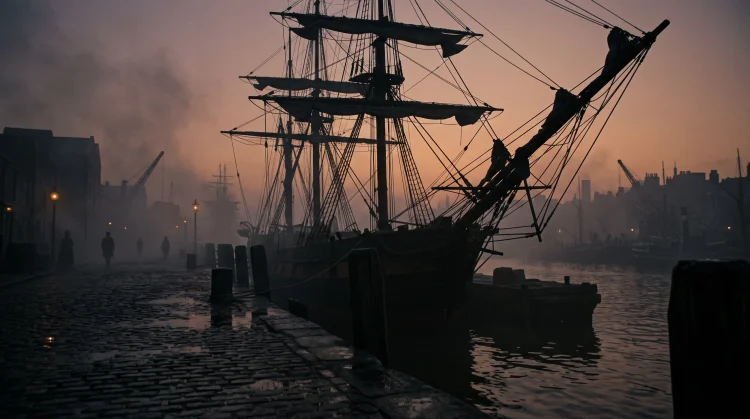 A foggy 19th-century London dockside with a tall ship in the background.