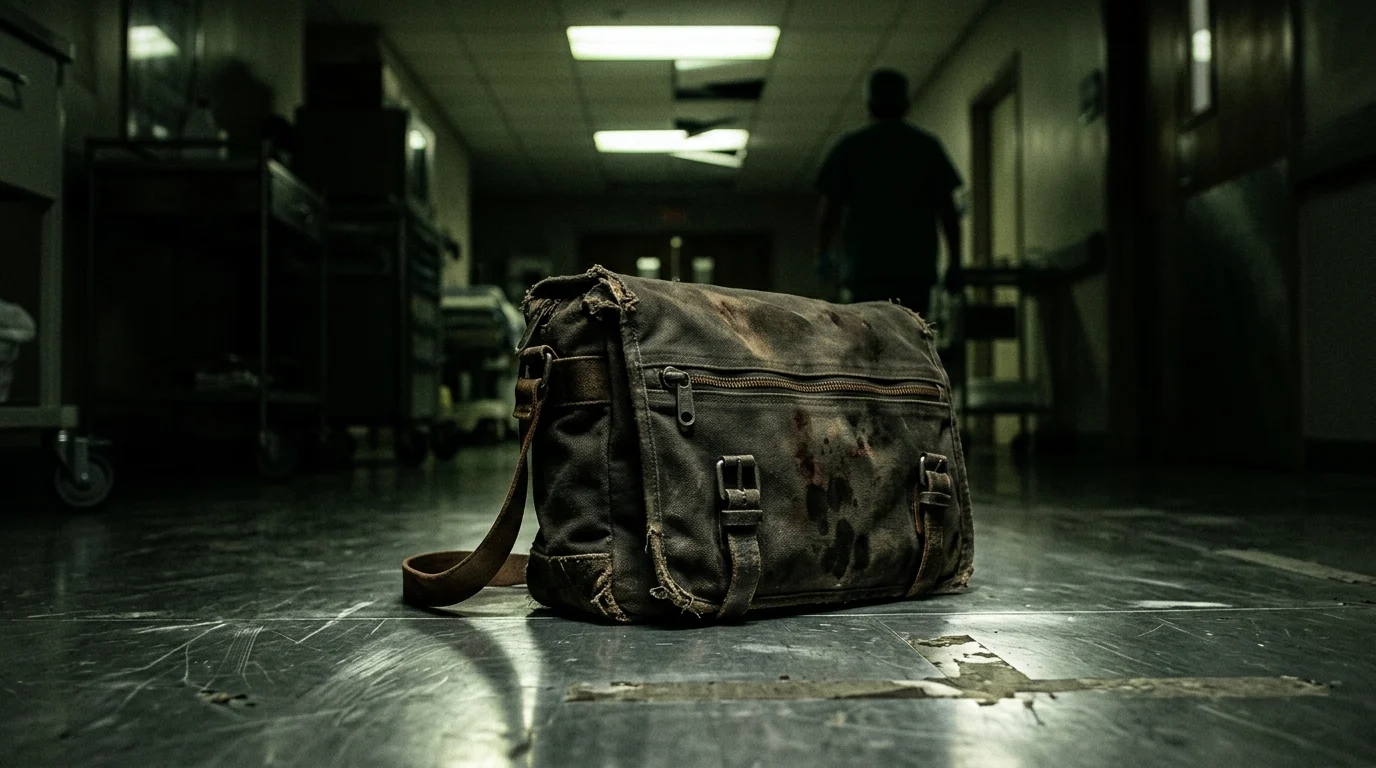A medical courier bag on a dark, metallic floor.