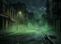 A dark, foggy urban street at night with an eerie atmosphere.