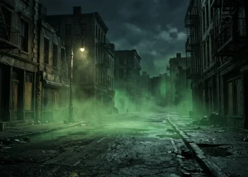 A dark, foggy urban street at night with an eerie atmosphere.
